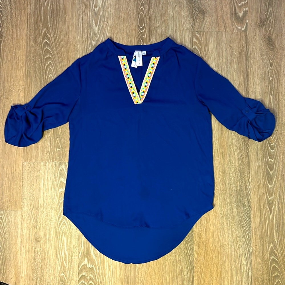 Society Girl | S | royal blue v-neck blouse with Aztec neckline